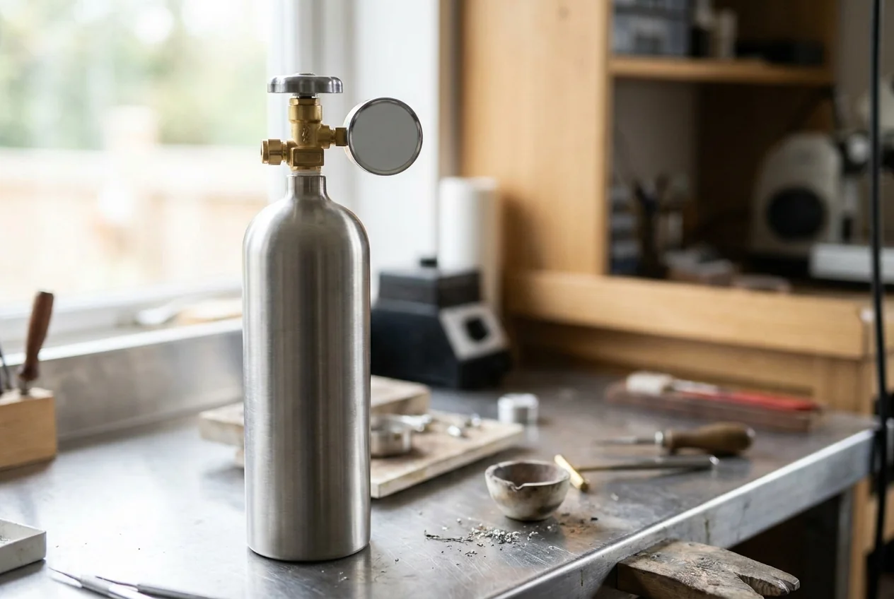 Argon shielding gas cylinder beside a jeweller's bench