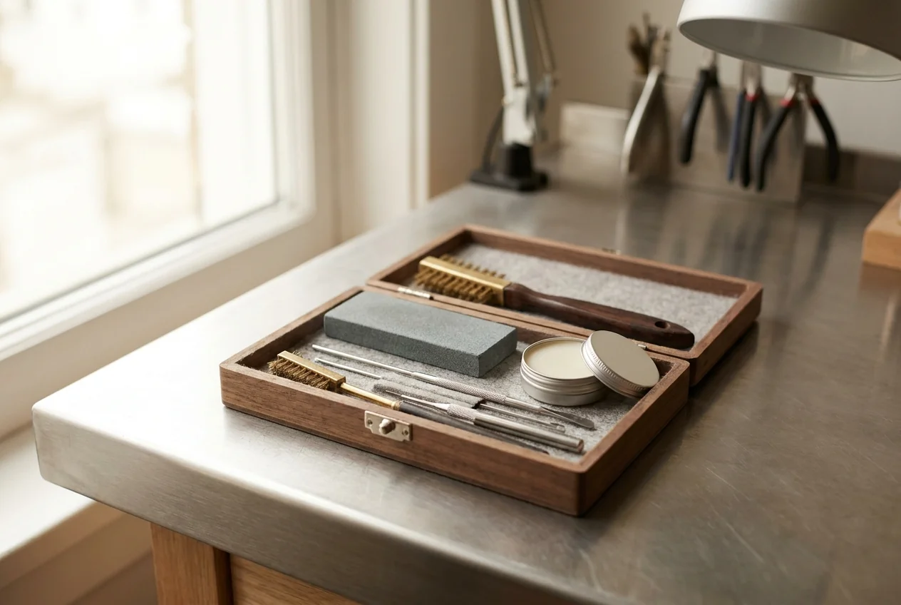 Electrode dressing and lens cleaning kit laid out in a tray