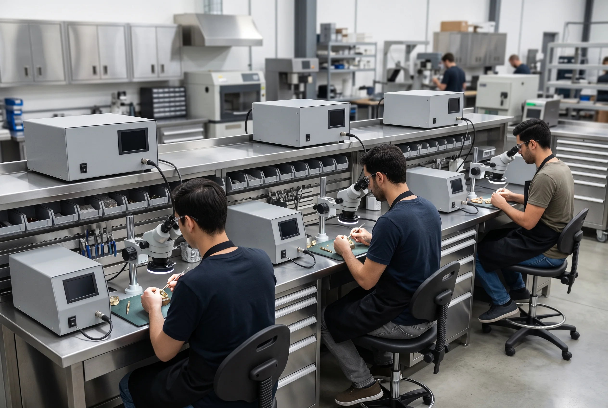 Two operators working at a shared jewelry welding bench