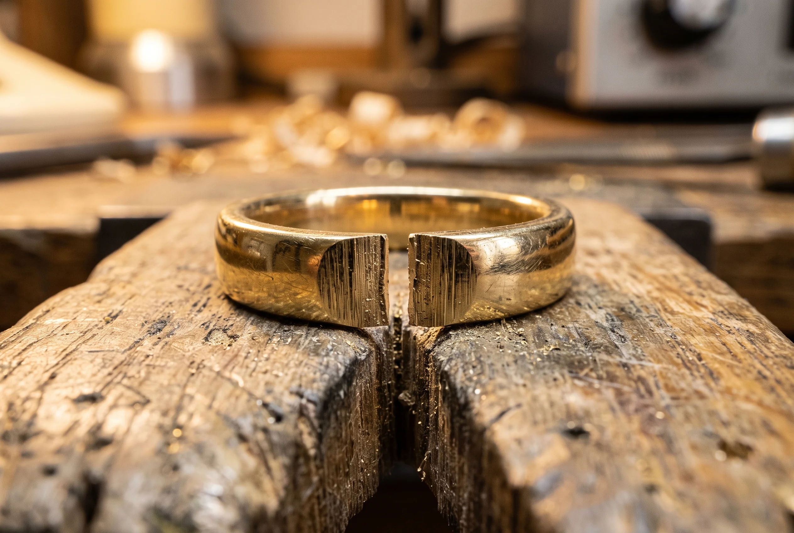 Gold ring shank cut open on a bench block