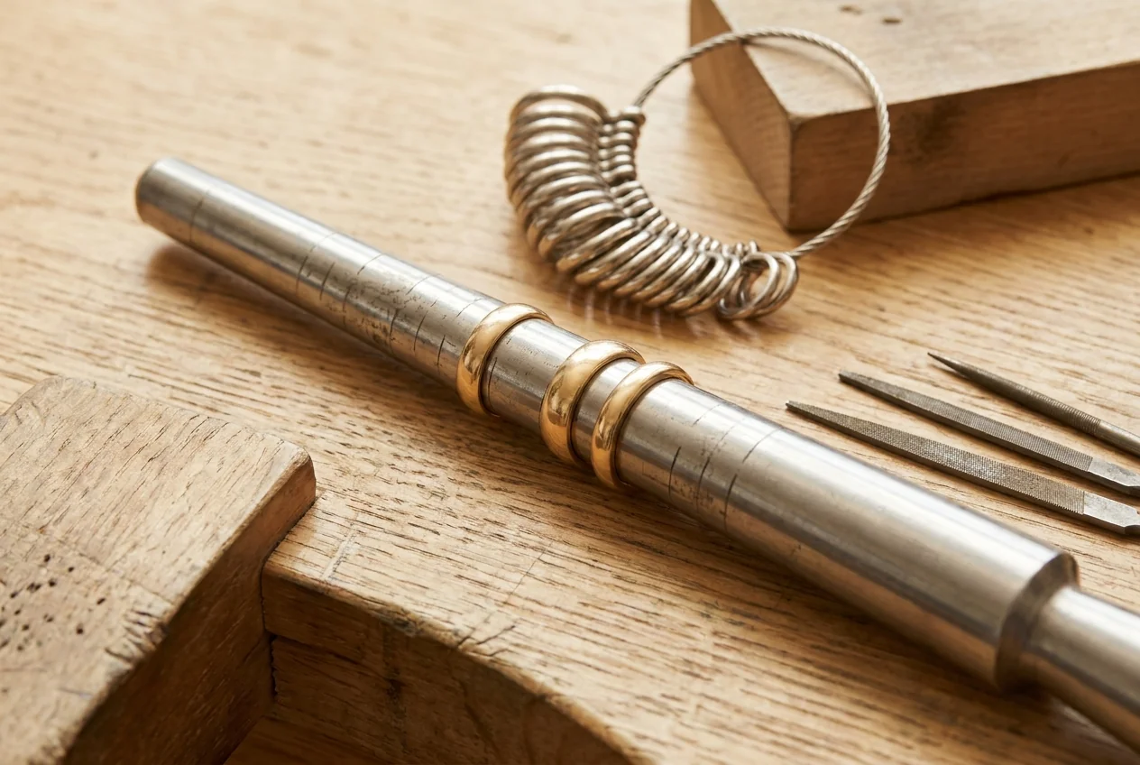 Ring mandrel, sizing gauge and bench tools set up for resizing
